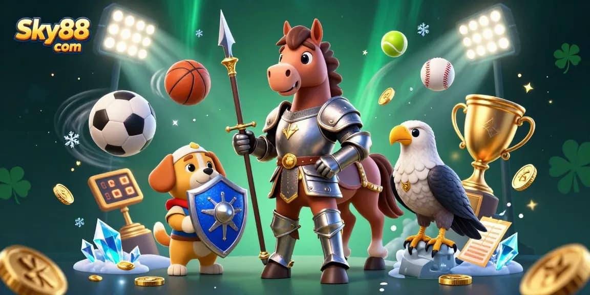 Engage with Sky88 com's immersive gaming experience featuring characters and dynamic sports betting elements.