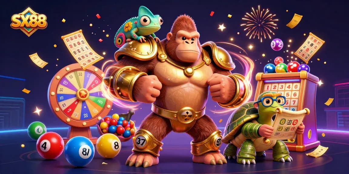 SX88 engages players with a vibrant 3D scene of a gorilla king and chameleon spy amid dynamic gambling elements.