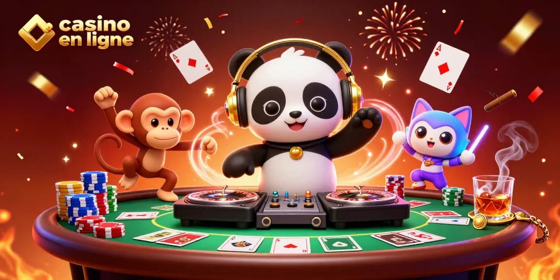 Illustration dynamique de casino en ligne avec un panda DJ, un singe et un chat dans un décor festif.