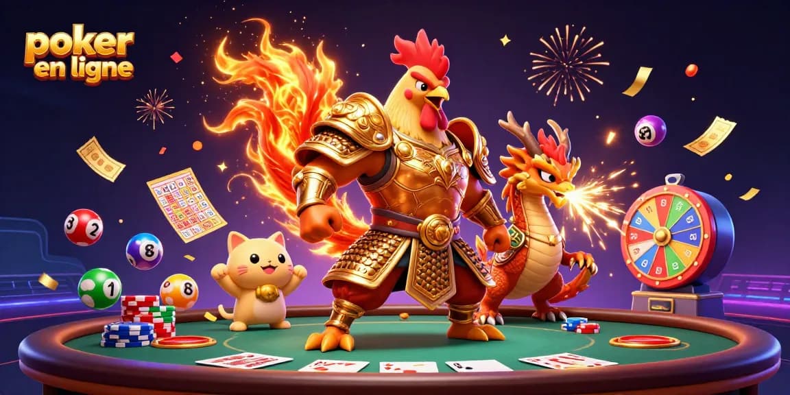 Illustration dynamique de poker en ligne avec un poulet guerrier et un dragon, mettant en valeur l'excitation des jeux.