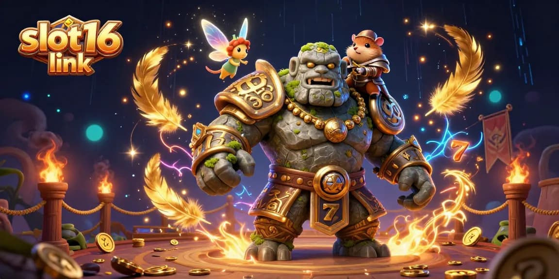 Engage with the slot16 link as a golem guardian, fairy, and hamster knight battle in a casino-themed scene.