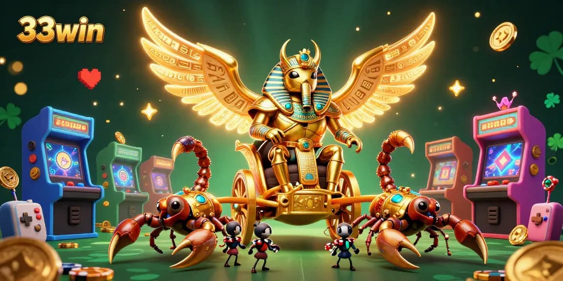 Engage in thrilling gameplay with 33win's vibrant casino scene showcasing epic characters and game elements!