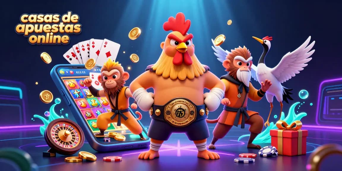Visualiza las casas de apuestas online con un gallo de Muay Thai, un mono artista marcial y detalles de juegos vibrantes.