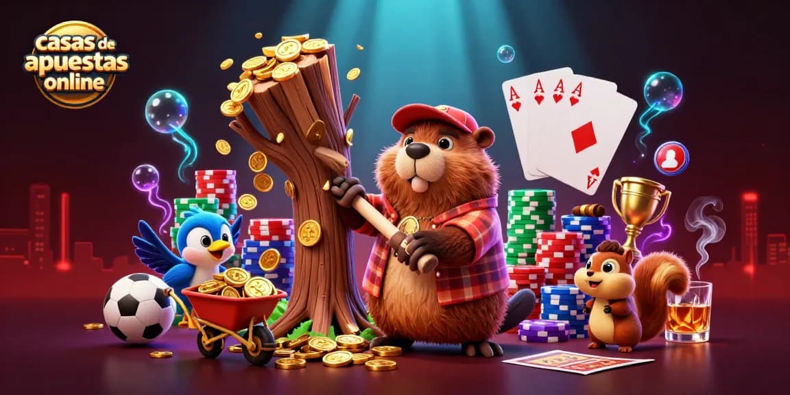 Mejores casas de apuestas online mostrando un castor cortando un árbol que llueve monedas doradas.