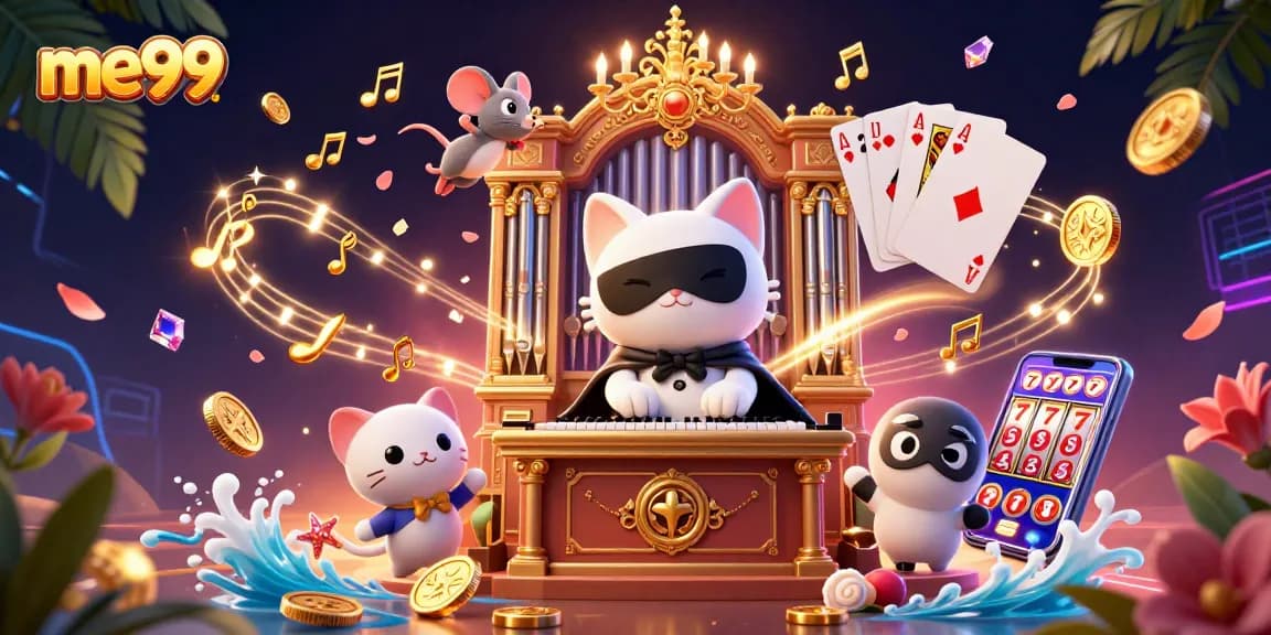 Play exciting games at me99 casino, featuring a vibrant scene of a white cat playing organ amidst casino elements.