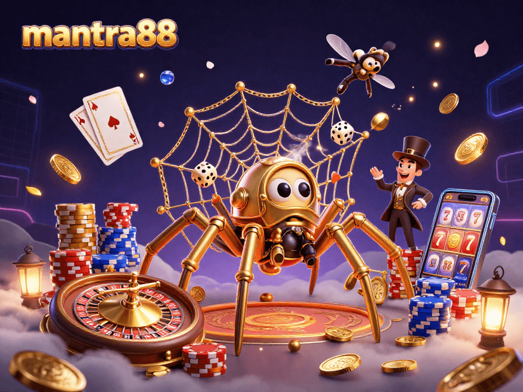 Win big at mantra88 with a dynamic 3D casino scene featuring steampunk elements and vibrant gaming symbols.