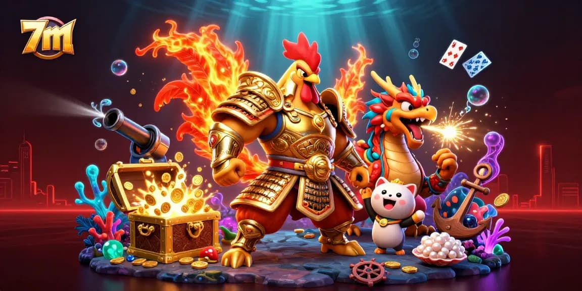 Experience the thrill of 7m with a dynamic 3D scene featuring a powerful rooster warrior and dragon hatchling.