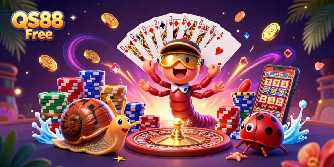 Experience the thrill of QS88 Free with a vibrant casino illustration showcasing excitement and winning cards.