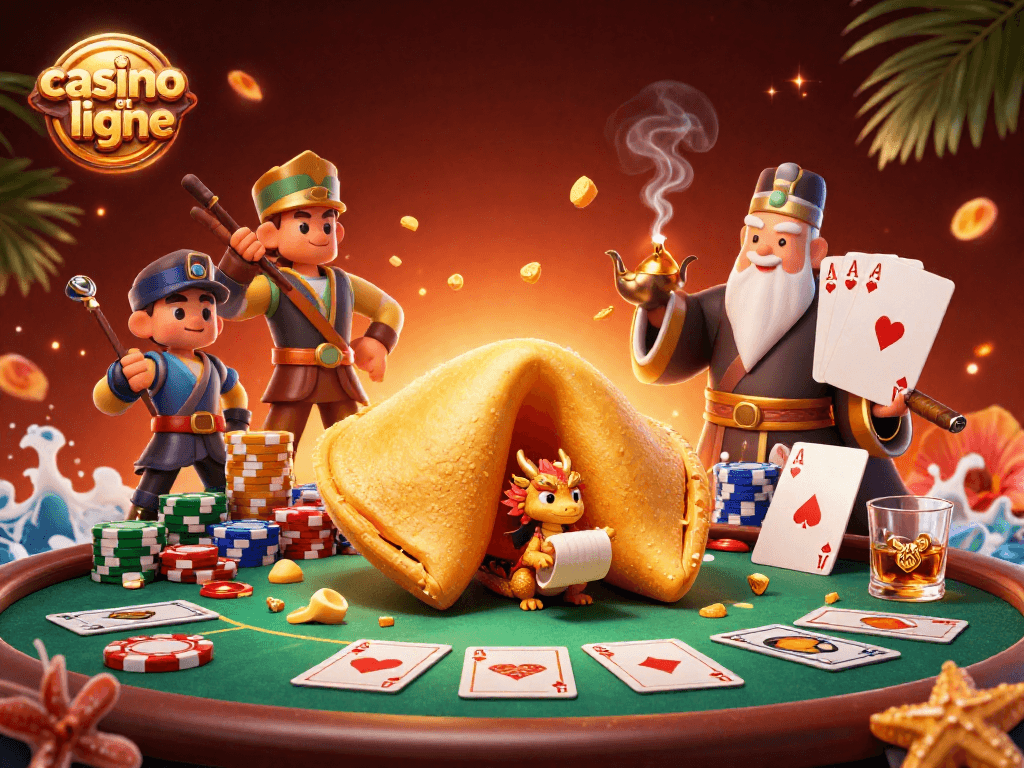 Jouez dans un casino en ligne avec des personnages fantastiques et des éléments de poker colorés.