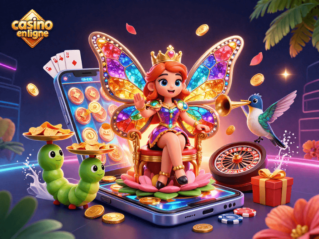 Profitez d'une expérience de casino en ligne dynamique avec une reine papillon et des éléments de jeu captivants.