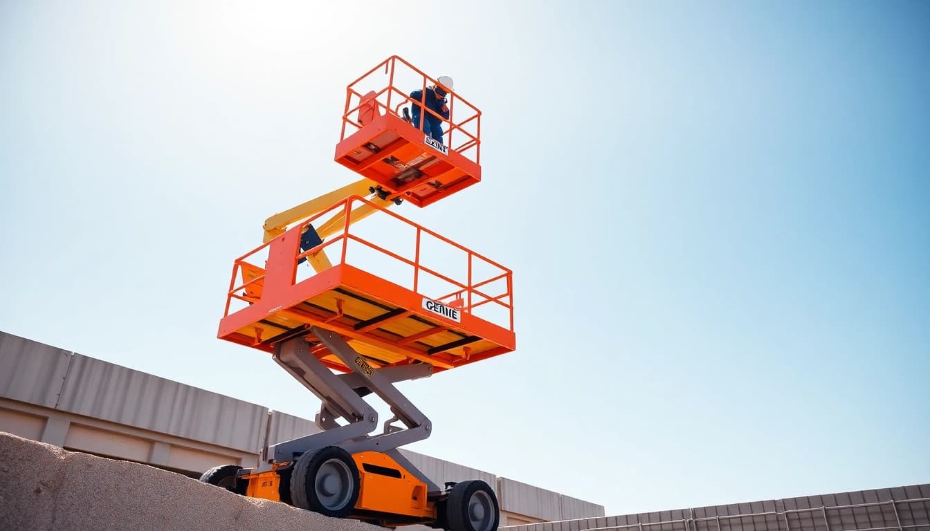Operating a genie boom lift to reach high construction areas efficiently.