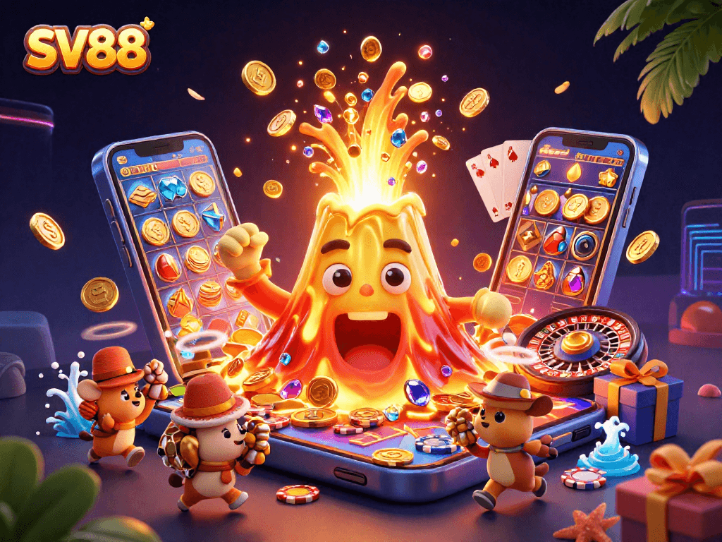 SV88 offers thrilling jackpots with animated golden volcano erupting treasures, engaging players in excitement.