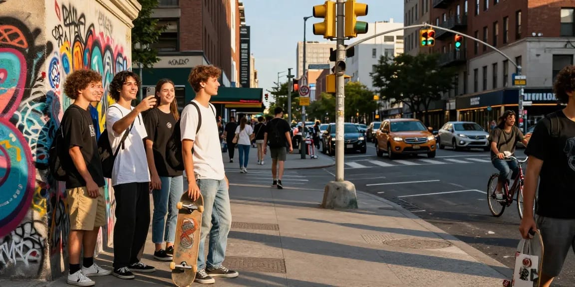 Urban exploration with youth and skateboard in vibrant street, 456bd culture.