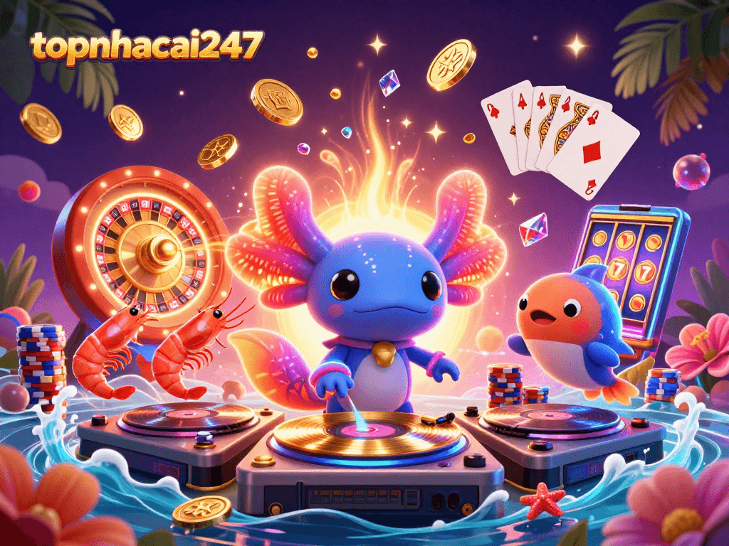 Experience thrilling gameplay with topnhacai247's vibrant 3D scene of a neon axolotl DJ and colorful casino elements.