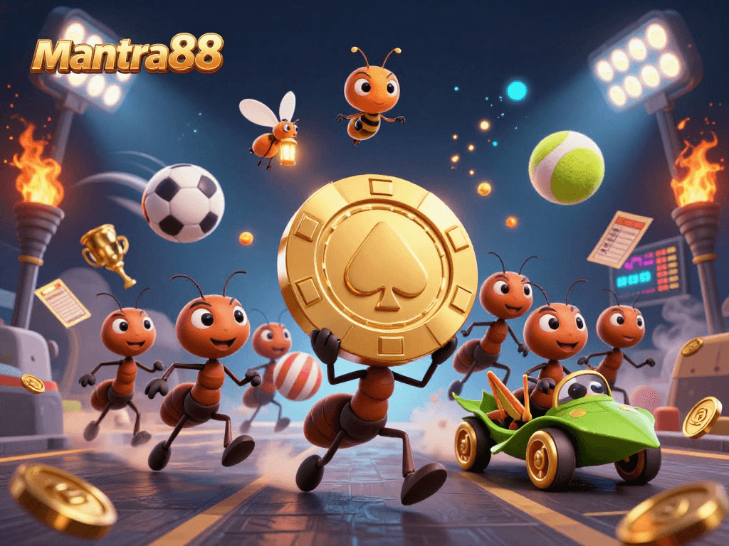 Ants stealing a giant poker chip in a vibrant casino scene with mantra88 branding.