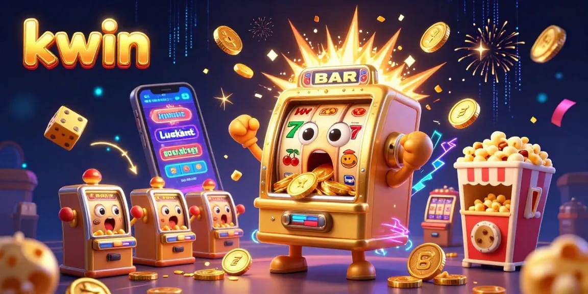 Experience the thrilling jackpot celebration at kwin with cartoon slot machines showering coins in a vibrant scene.