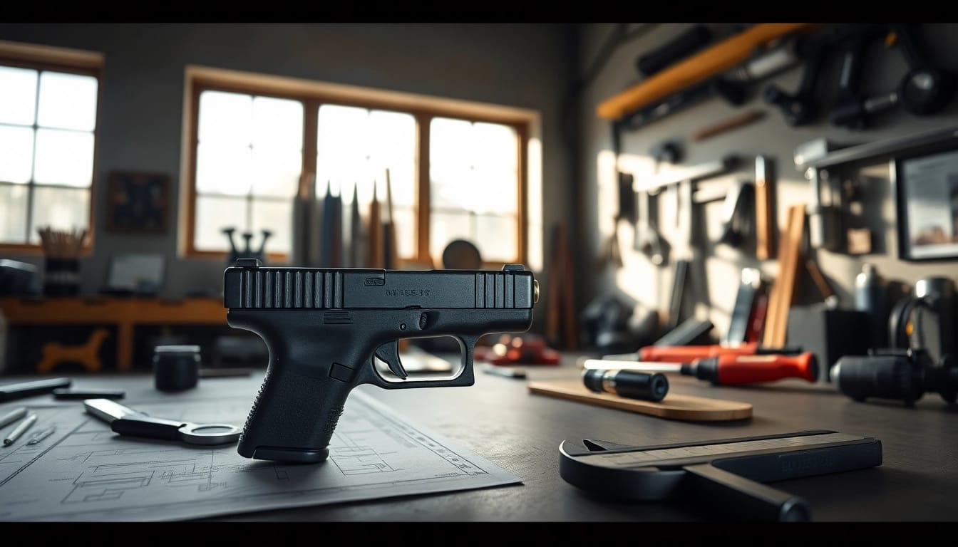 Showcasing a glock 43x mos slide in a workshop, emphasizing precision and craftsmanship.