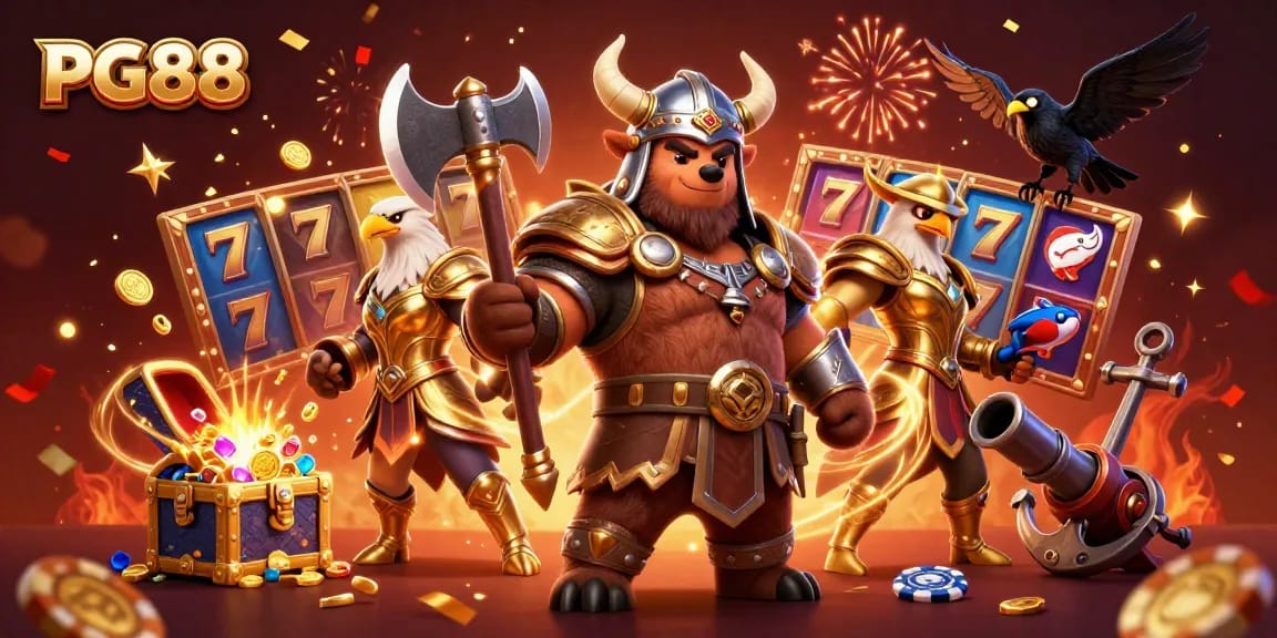 Experience thrilling gaming at PG88 with Viking and eagle characters amidst vibrant casino elements.