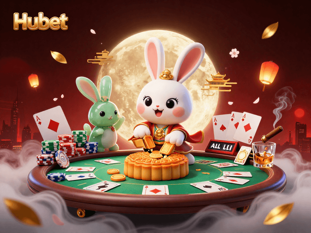 Engage with Hubet's vibrant scene featuring a moon rabbit at play, revealing poker chips in the lunar landscape.
