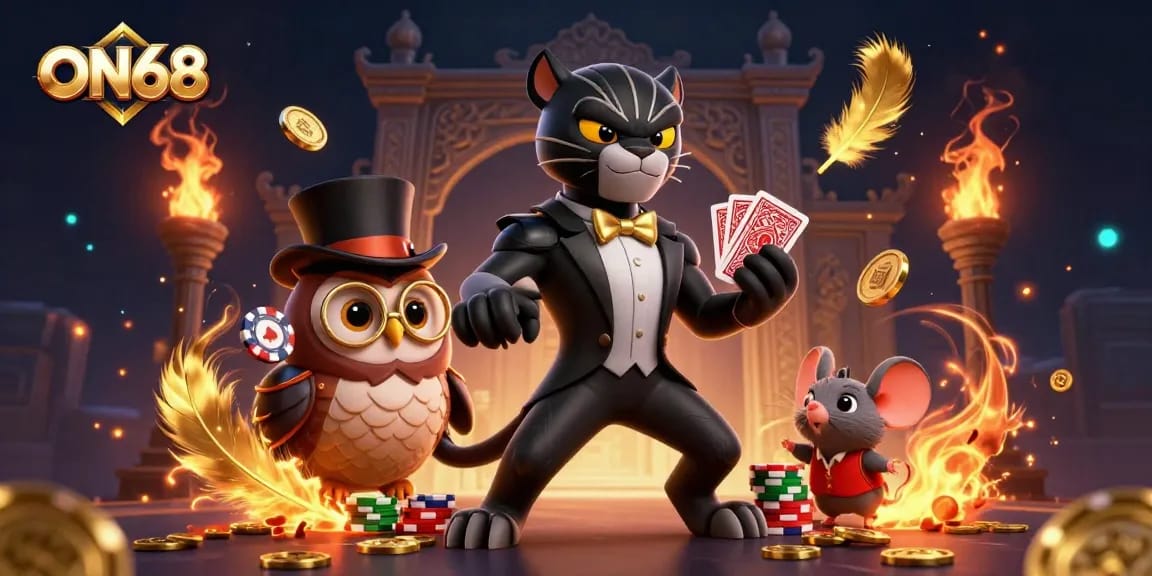 Experience high-stakes gaming at ON68 with a stylish panther dealing cards amidst sparkling casino elements.