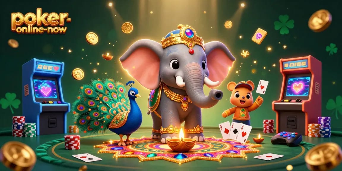 Engage in thrilling poker action at poker-online-now with festive 3D characters amidst vibrant gameplay elements.