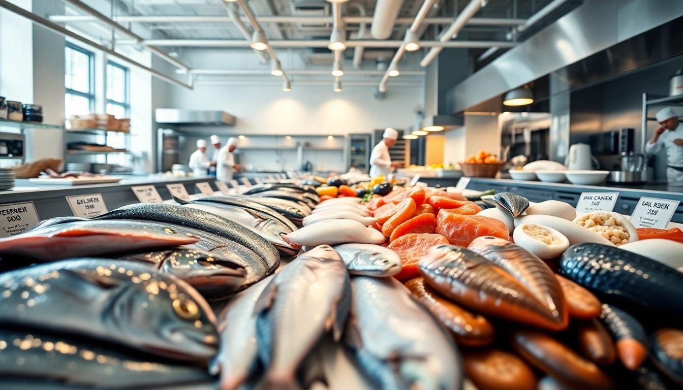 Showcase of a Wholesale seafood supplier for restaurants featuring fresh seafood in a professional kitchen.