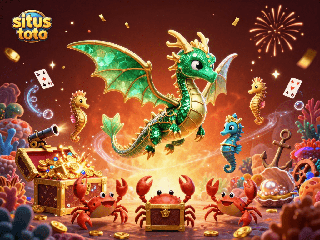 Experience the excitement of situs toto with a 3D scene featuring a magical sea dragon and treasure chest.