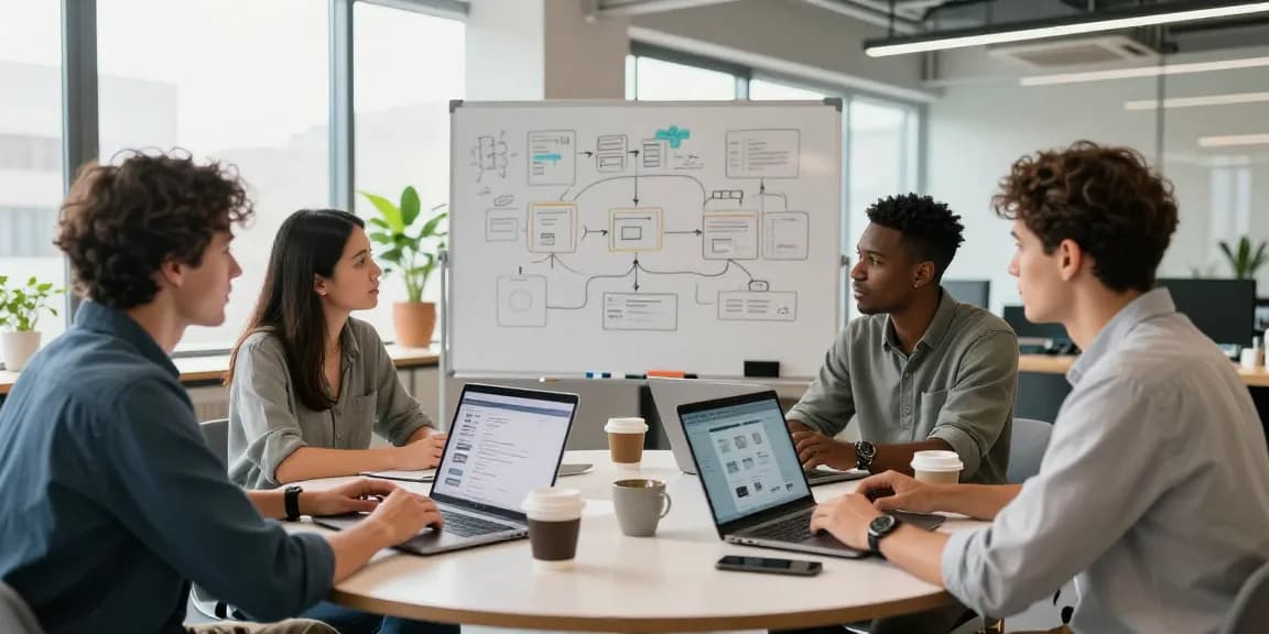 Build internal tools with AI through collaborative teamwork in a vibrant office environment.