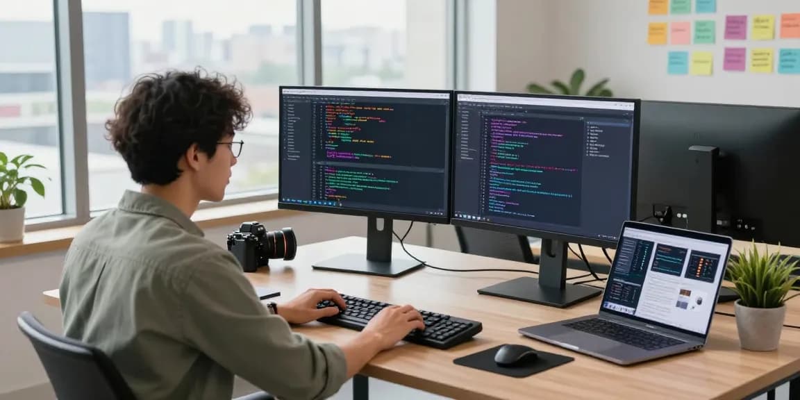 https://siren.clickn.co.kr/ 소프트웨어 개발자가 현대적인 공간에서 코딩하는 모습과 주변 기술 기기들