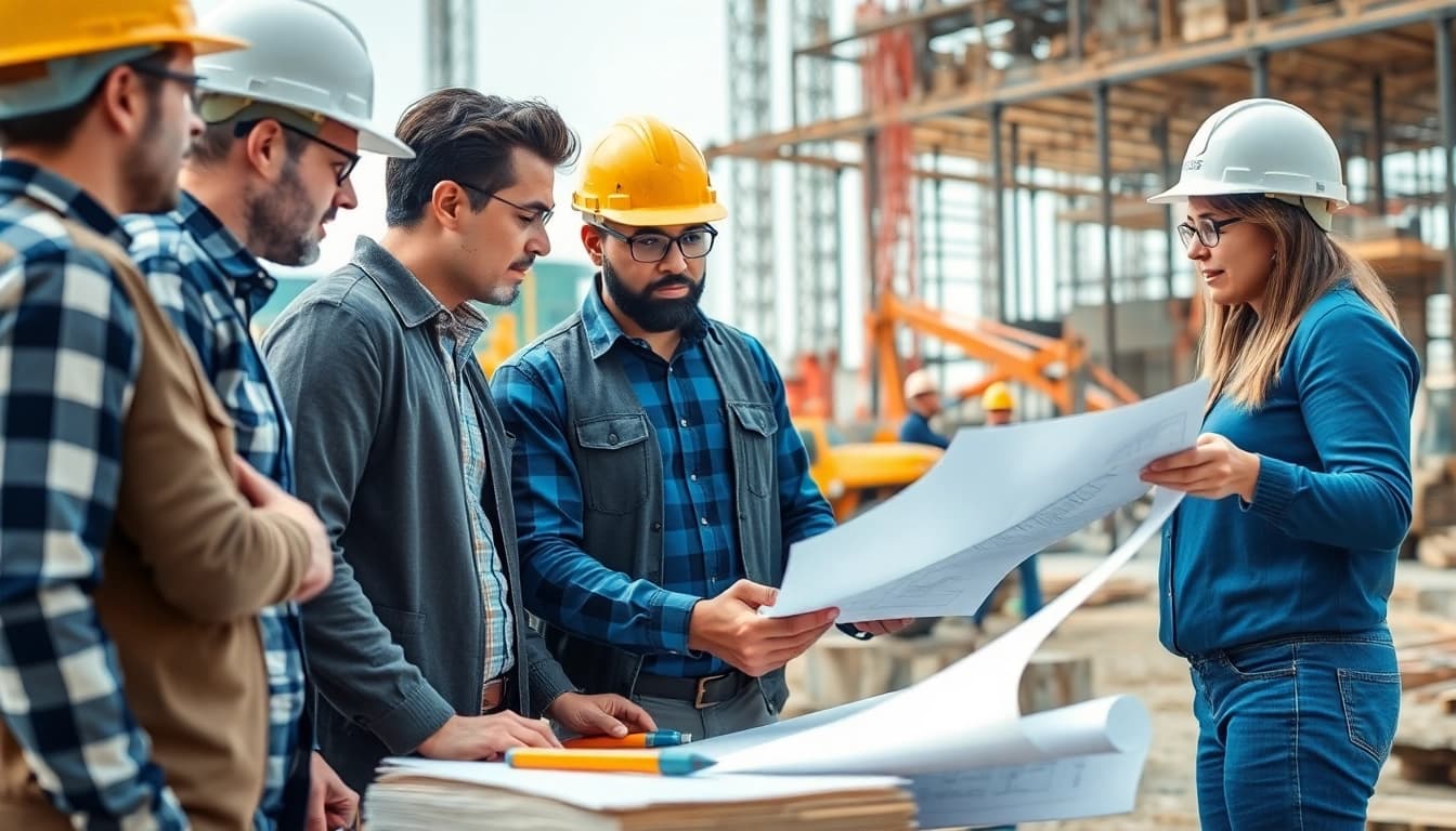 Engaged construction company membership south texas team discussing plans at a busy job site.