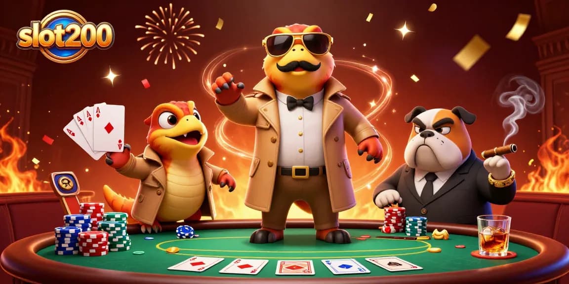Raih keberuntungan dengan slot200, ilustrasi tiga raptor dalam jas memasuki lounge kasino VIP.
