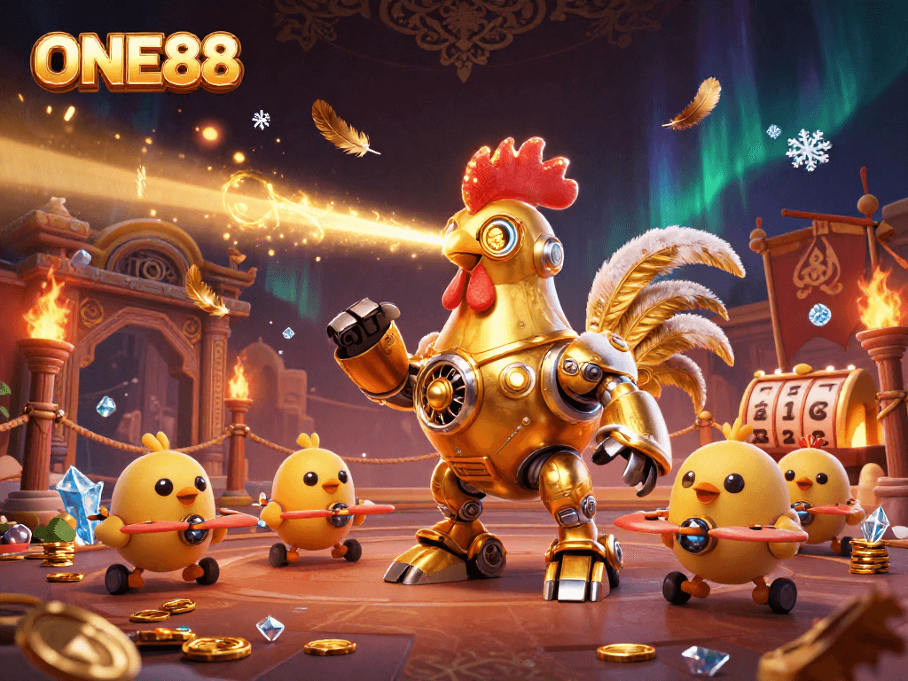 Engage with ONE88 through a vibrant 3D digital artwork showcasing a golden rooster robot amidst captivating casino elements.