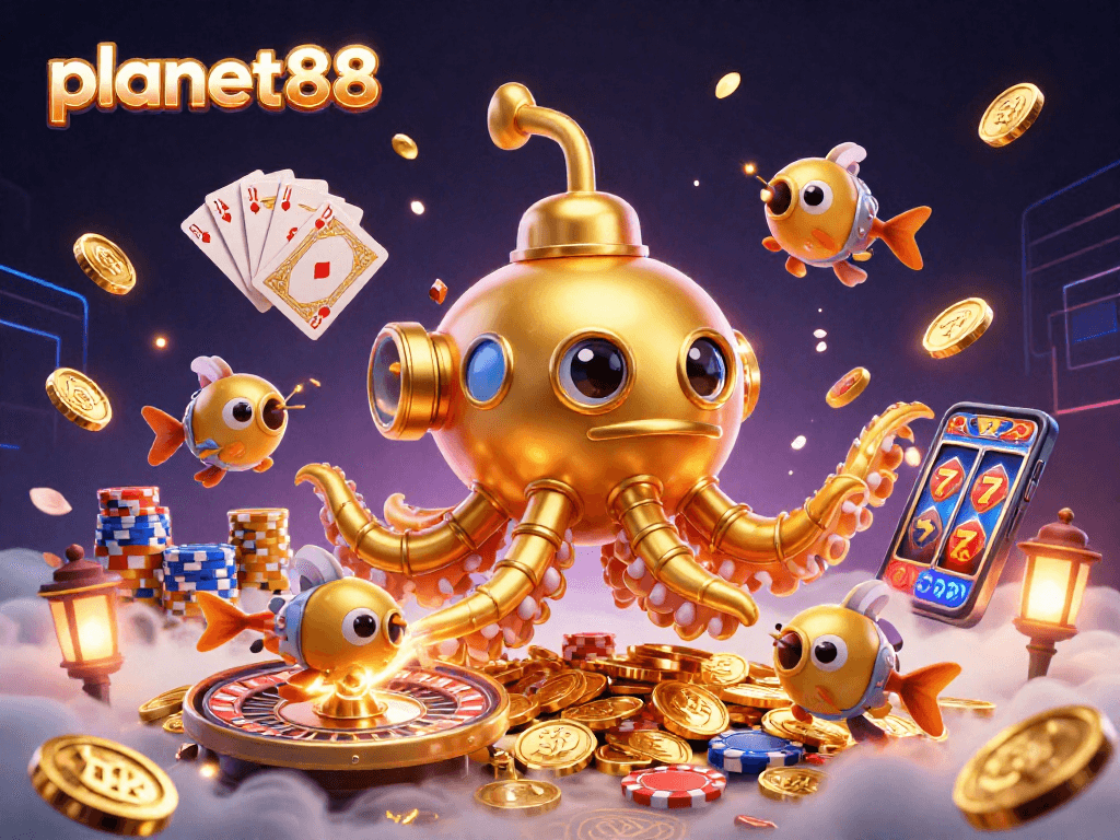 Join the excitement at planet88, where a golden kraken submarine emerges from coins amid dazzling casino elements.