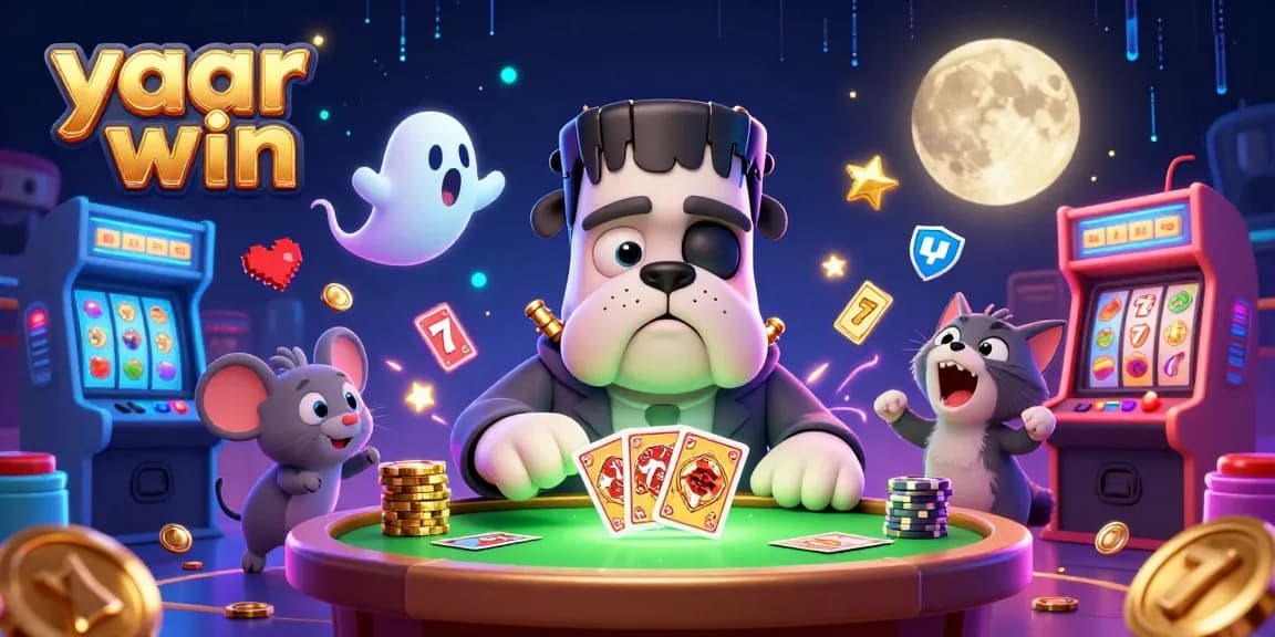 Play cards with yaar win characters in a vibrant casino scene filled with slots and neon arcade elements.