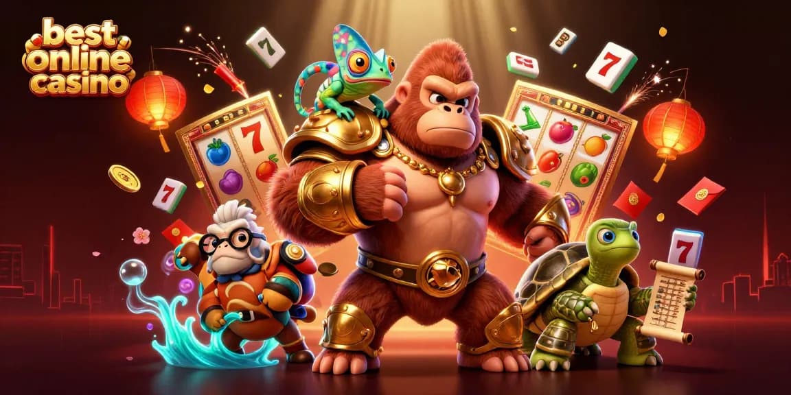 Experience the best online casino with an epic scene featuring a gorilla king, chameleon, and tortoise amidst dynamic gaming elements.