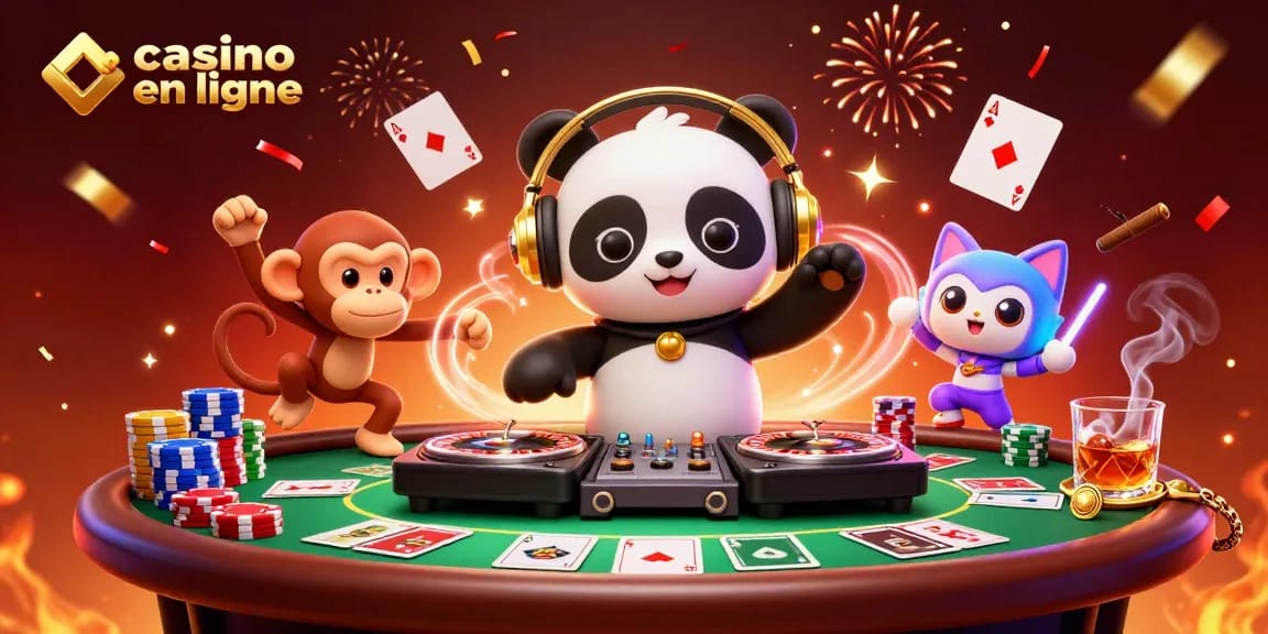 Illustration dynamique de casino en ligne avec un panda DJ, un singe et un chat dans un décor festif.