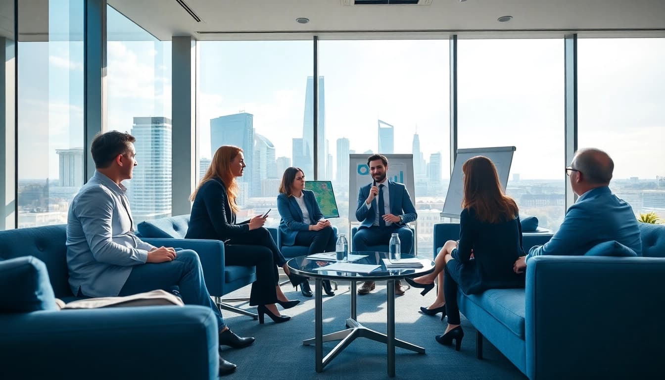 Evaluate business mobile contracts UK with a team in a bright office setting.
