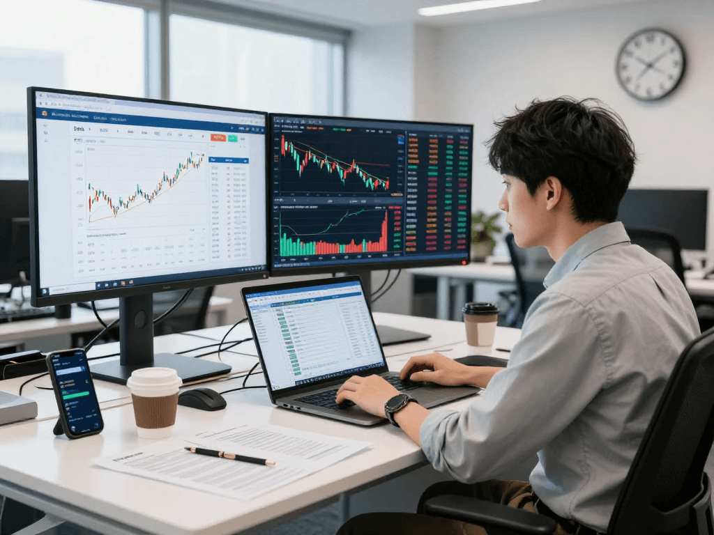 Japan quant stock trading API analysis in a modern trading office with real-time market data and financial charts.
