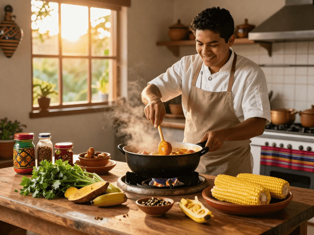 Delicious sancocho colombiano near me with fresh ingredients in a vibrant kitchen setting.
