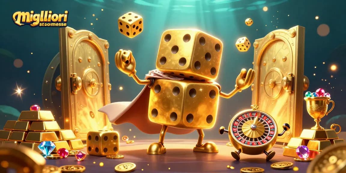 Immagine di un golem di dadi d'oro delle migliori siti scommesse, che gioca con dadi più piccoli.