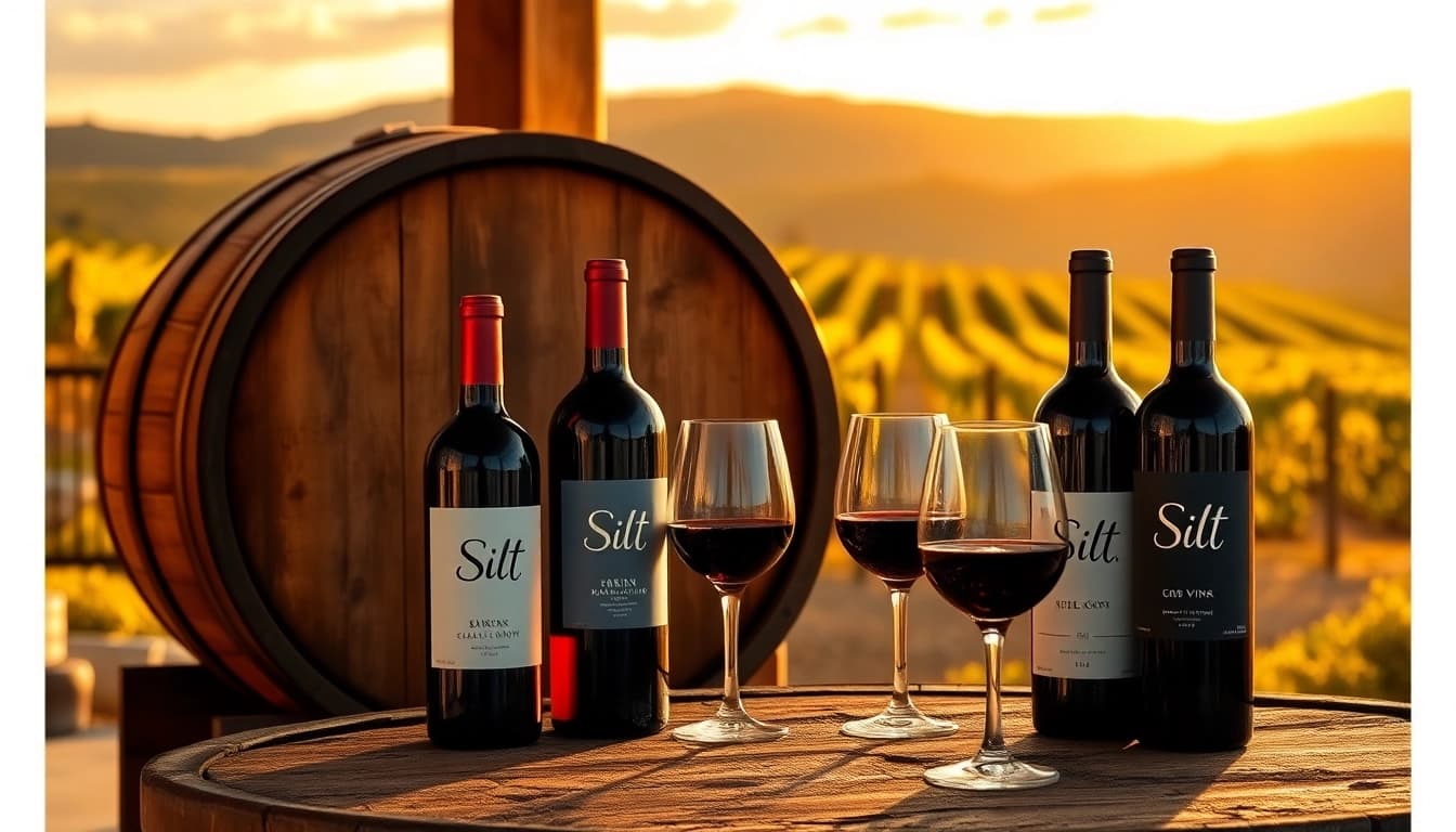 Buy Silt wine online featuring elegant bottle arrangement by rustic wine barrel.