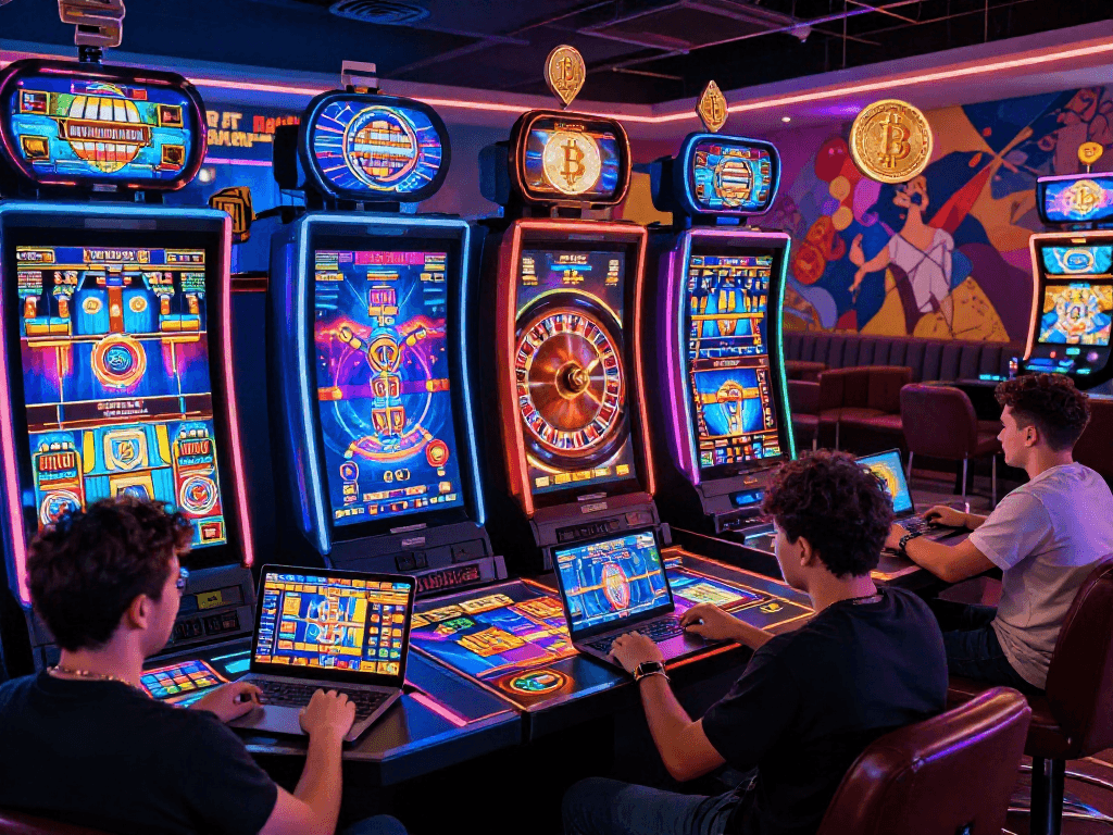 Engaged players enjoying a crypto casino experience with digital slot machines, vibrant atmosphere, and futuristic design.