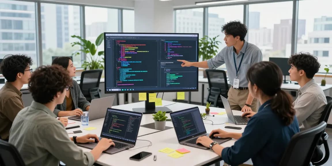 Dynamic coding collaboration in a modern workspace, featuring bdtjl project visuals and team engagement.