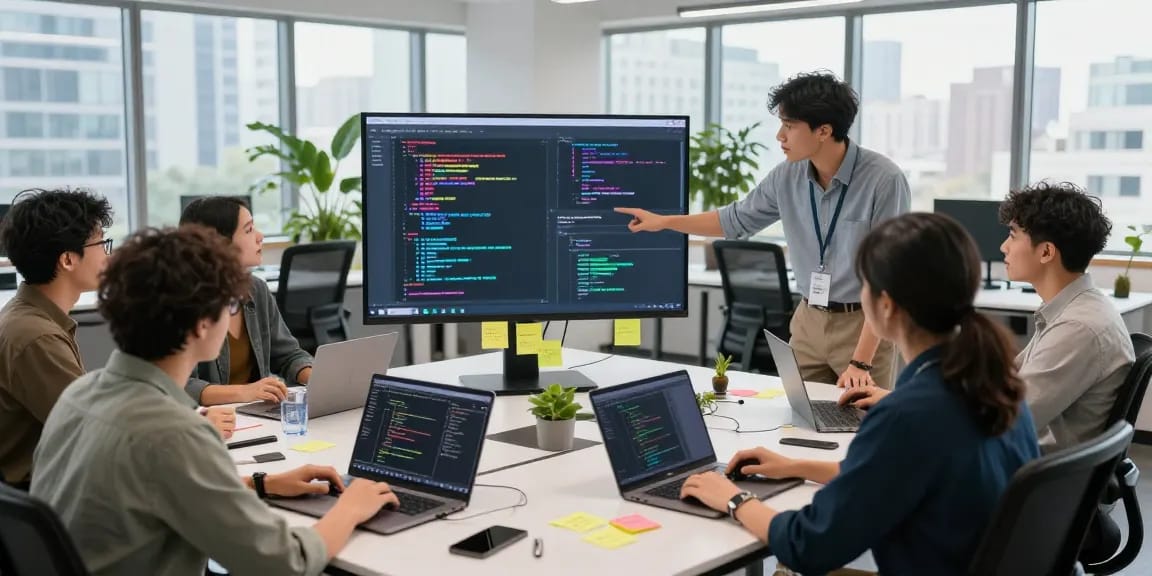 Dynamic coding collaboration in a modern workspace, featuring bdtjl project visuals and team engagement.