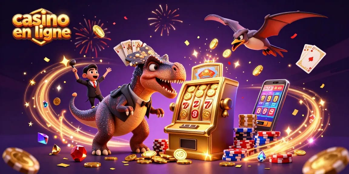 Visualisez un casino en ligne animé avec un pachycéphalosaure jouant sur une machine à sous.