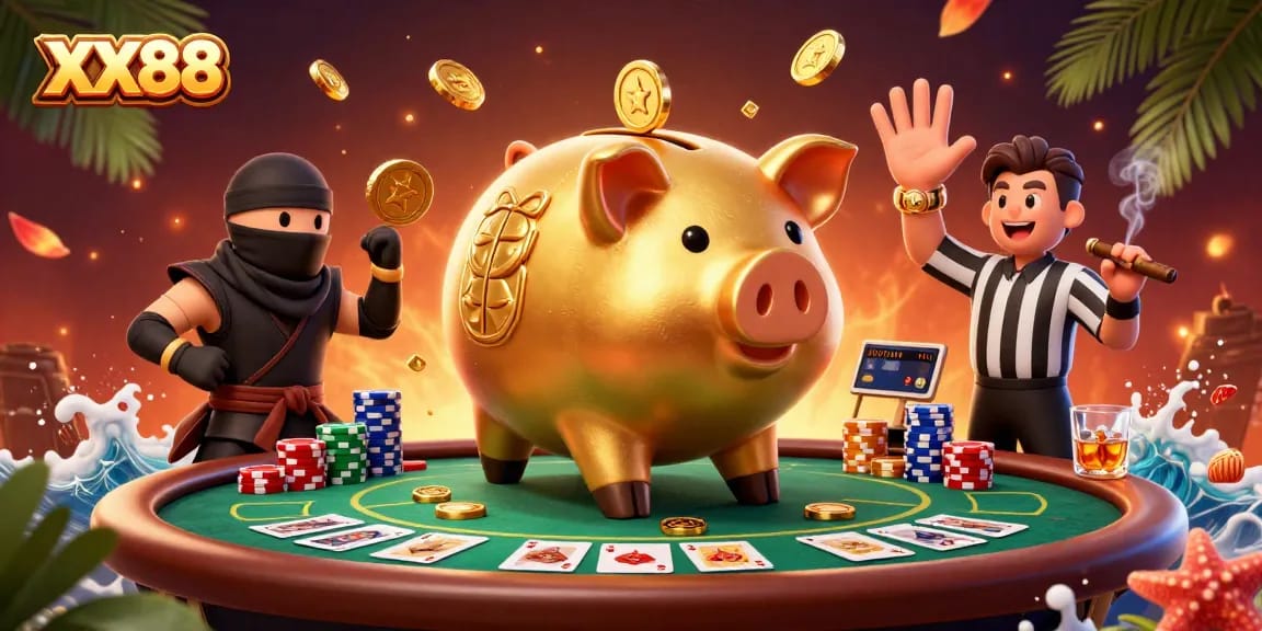 Winning at XX88 with a golden piggy bank, poker chips, and vibrant casino elements.