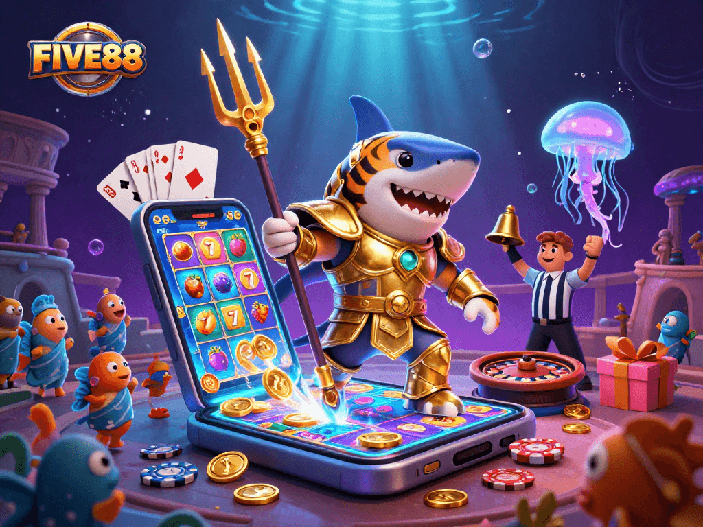 Engage with FIVE88's vibrant underwater casino scene featuring colorful slot games and treasures.