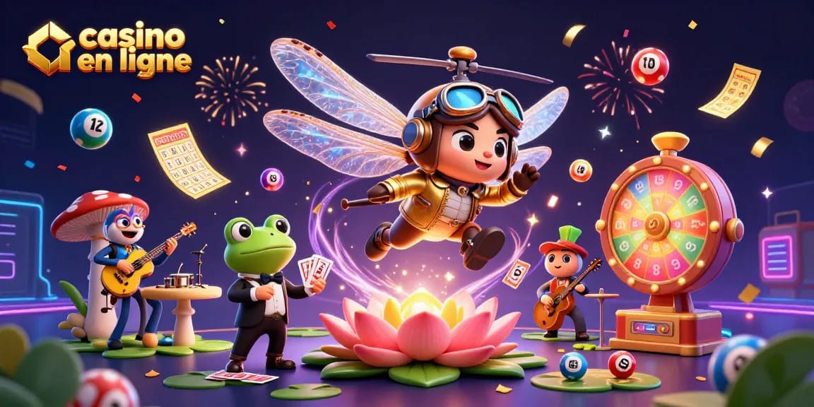 Jouer au casino en ligne avec une scène animée de libellule pilote, croupier grenouille et musiciens.