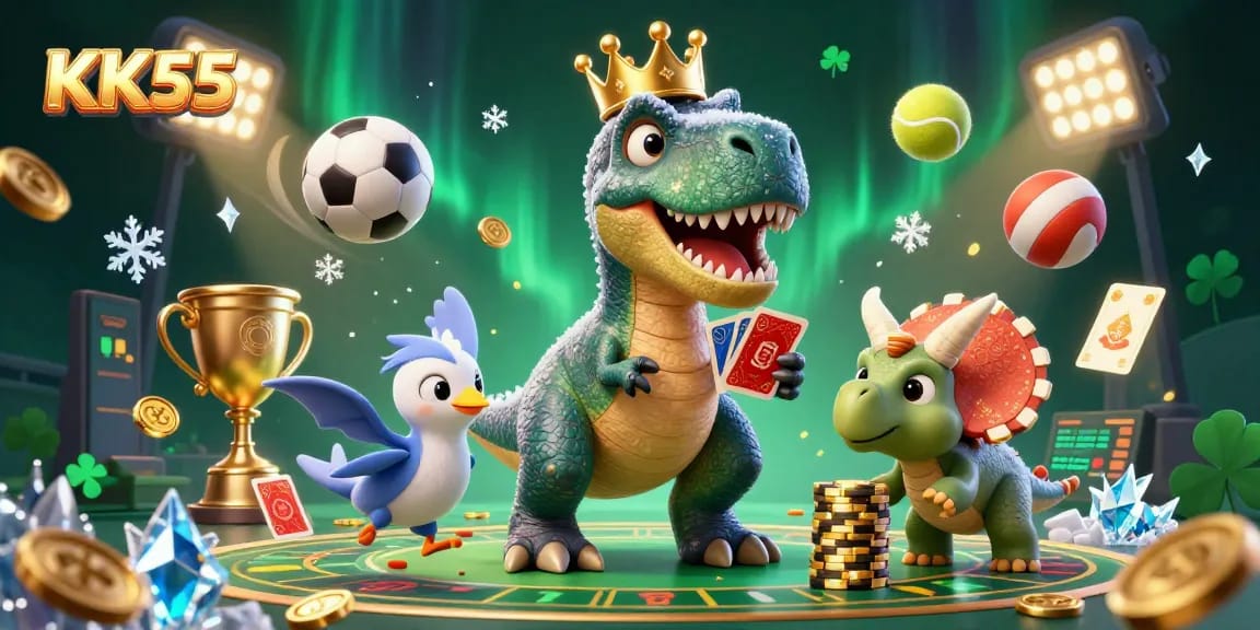 Experience thrilling gameplay at KK55 with friendly dinosaur characters and vibrant casino elements.