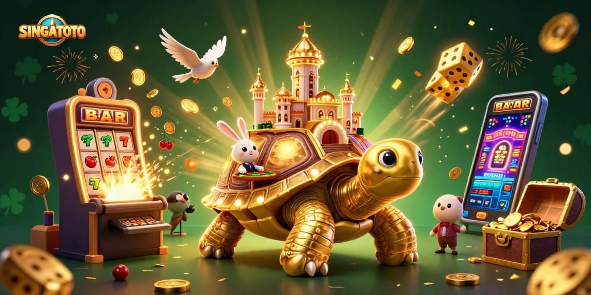 SINGATOTO menampilkan ilustrasi 3D dari kura-kura emas raksasa dengan kasino mini di cangkangnya, dikelilingi oleh elemen permainan kasino